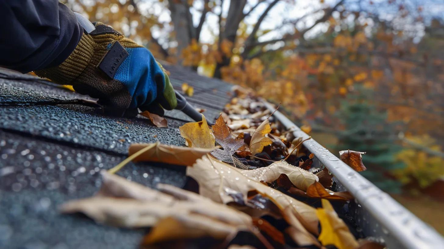 person cleaning roof gutter