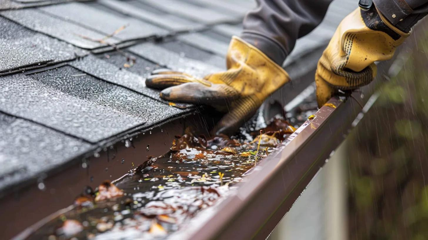 person cleaning the roof gutter