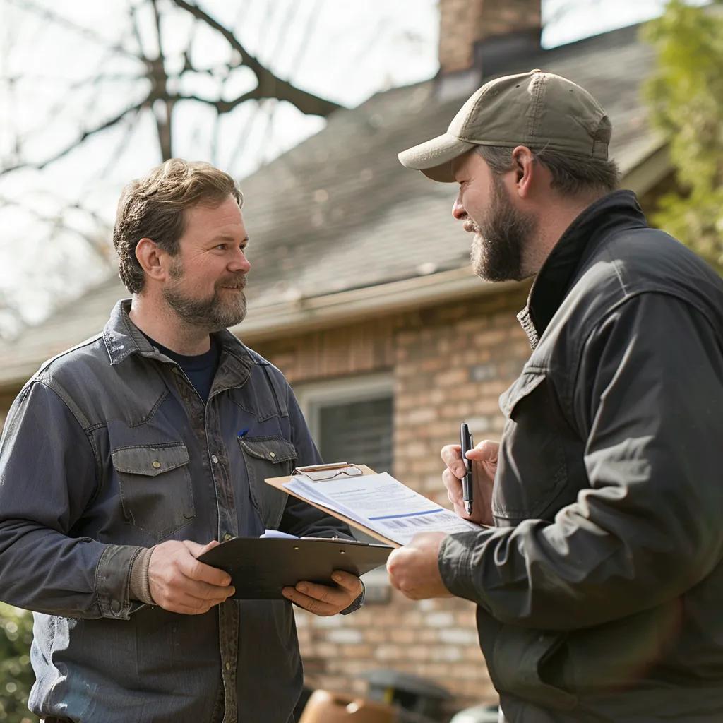 Contractor discussing gutter replacement costs with a homeowner, emphasizing professionalism and trust