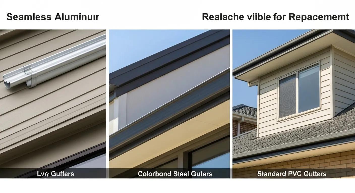 Display of different gutter types available for replacement: seamless aluminium, Colorbond steel, and standard PVC