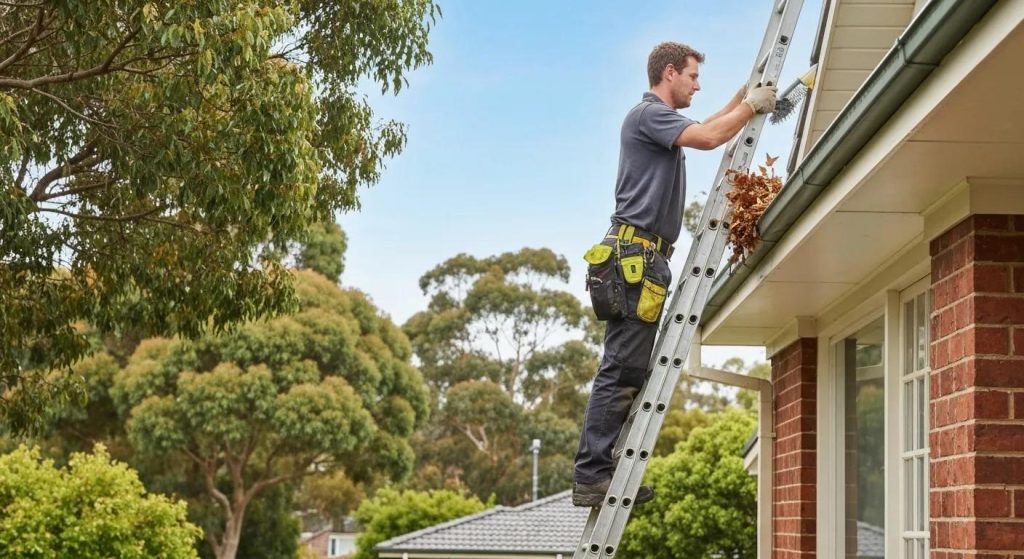 Professional gutter cleaning service technician removing debris from gutters in a Chatswood residential area