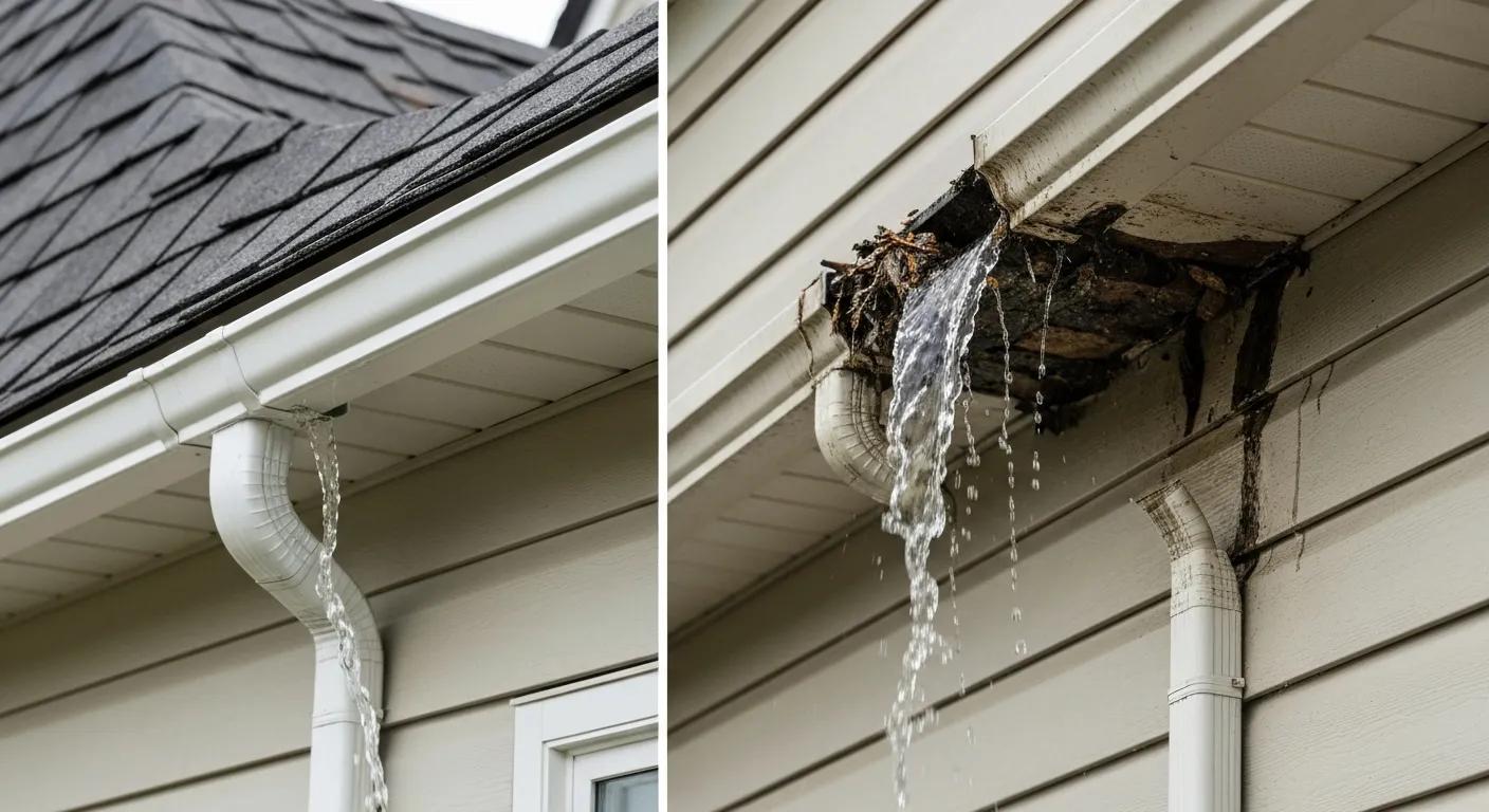 Visual comparison showing the clear benefits of well-maintained gutters versus clogged ones