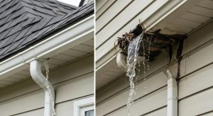 Gutter overflowing with water and debris, highlighting the need for professional gutter cleaning services by Awesome Gutter Cleaners in Sydney.