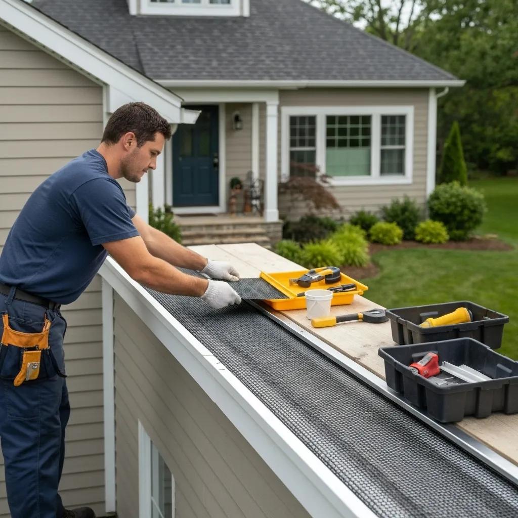 Technician fitting a fine-mesh gutter guard onto a Sydney home's gutter