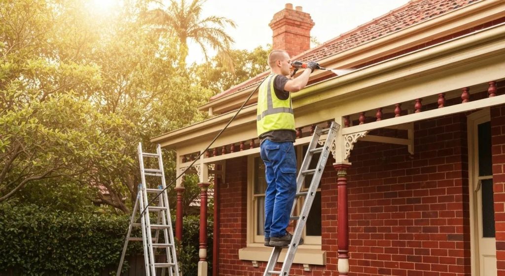 Professional gutter cleaning technician working on a Sydney home
