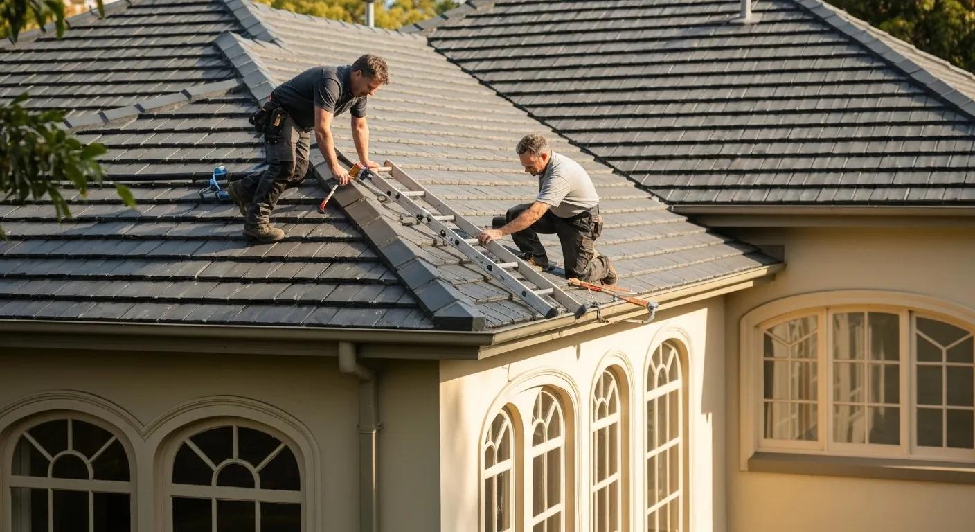 Technician carefully inspecting gutters on a Chatswood home's roof