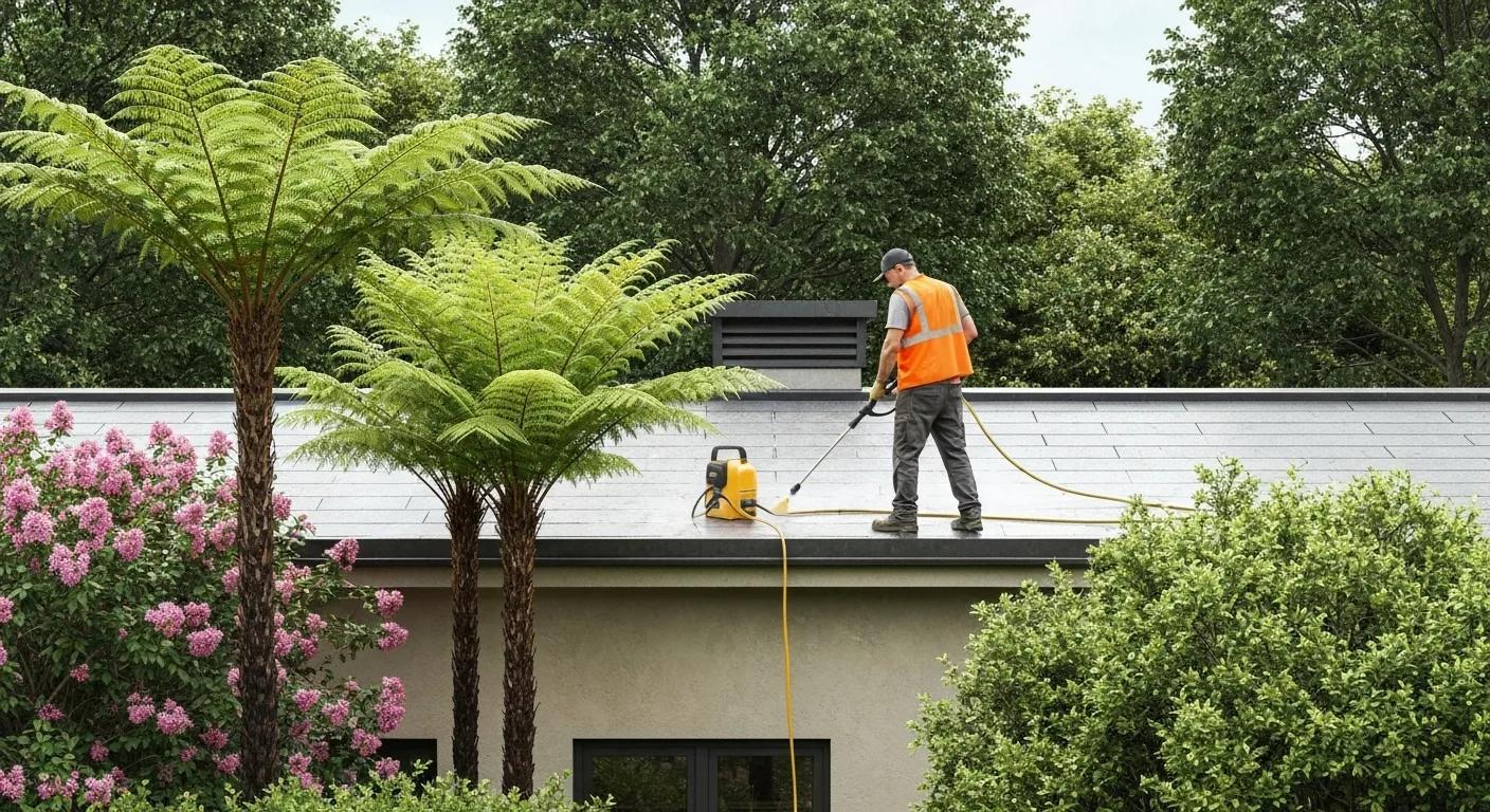 A worker carefully cleaning a roof using environmentally friendly methods, with lush greenery nearby