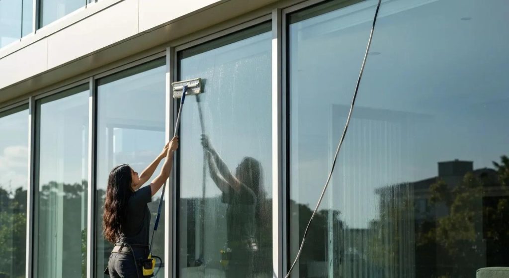 Skilled window cleaner in Sydney meticulously cleaning large glass panes of a contemporary residence, maximising natural light and enhancing its exterior appeal