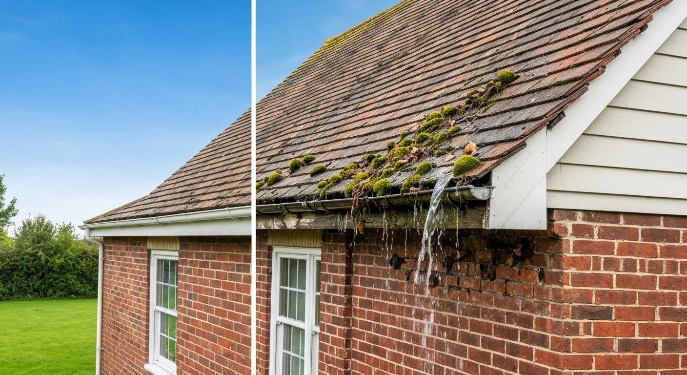Comparison of clean and blocked gutters, illustrating the importance of gutter cleaning in preventing water damage