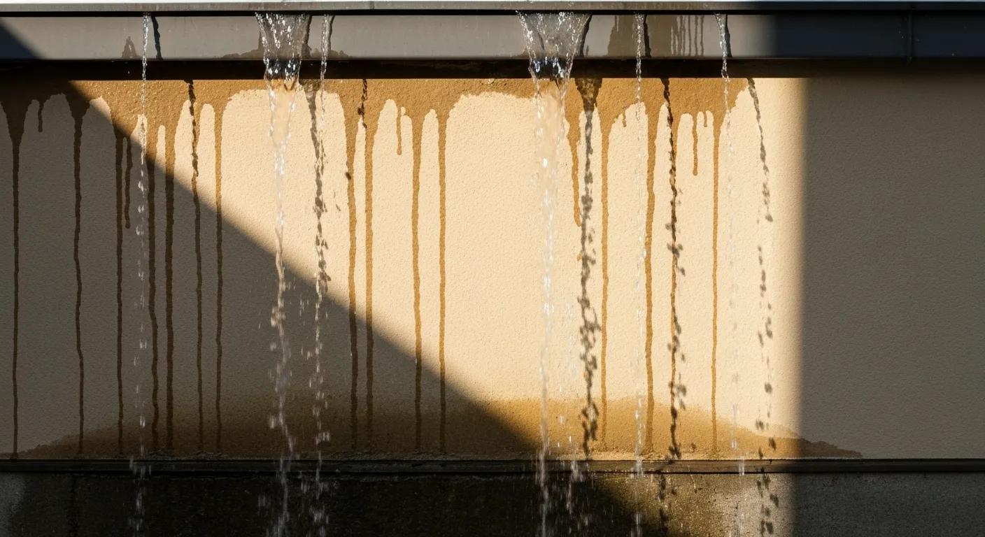 Water damage spreading down a wall from an overflowing blocked gutter