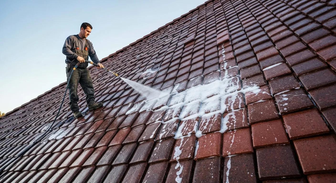 Technician performing soft washing on a tile roof using gentle water flow and eco-friendly solutions