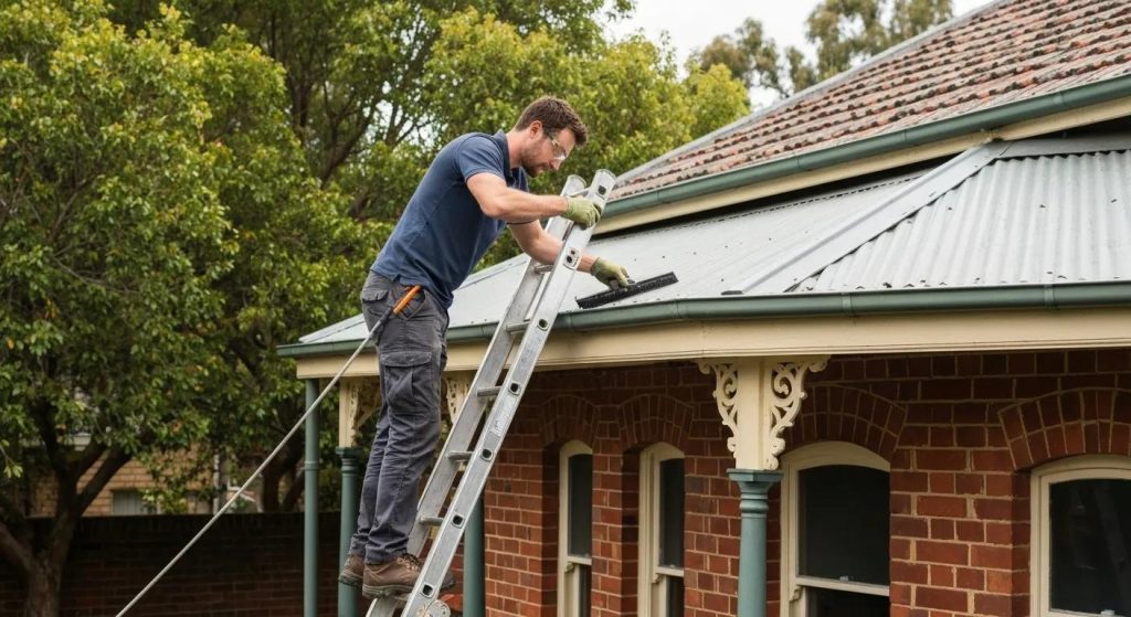 Professional gutter cleaning technician working on a Sydney home, highlighting safety and property care