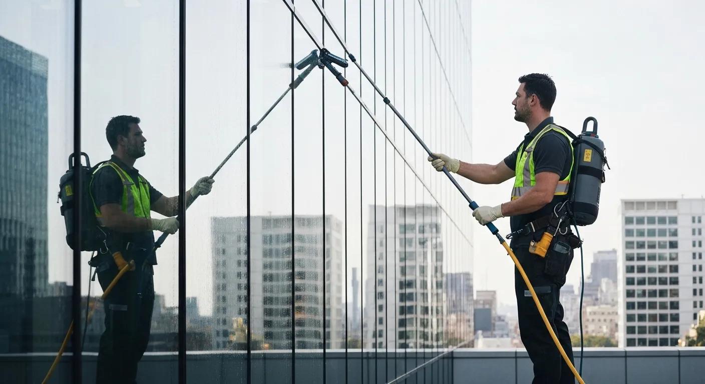 Technician meticulously executing the window cleaning process, starting with a thorough site assessment and preparation, ensuring top-quality results and safety
