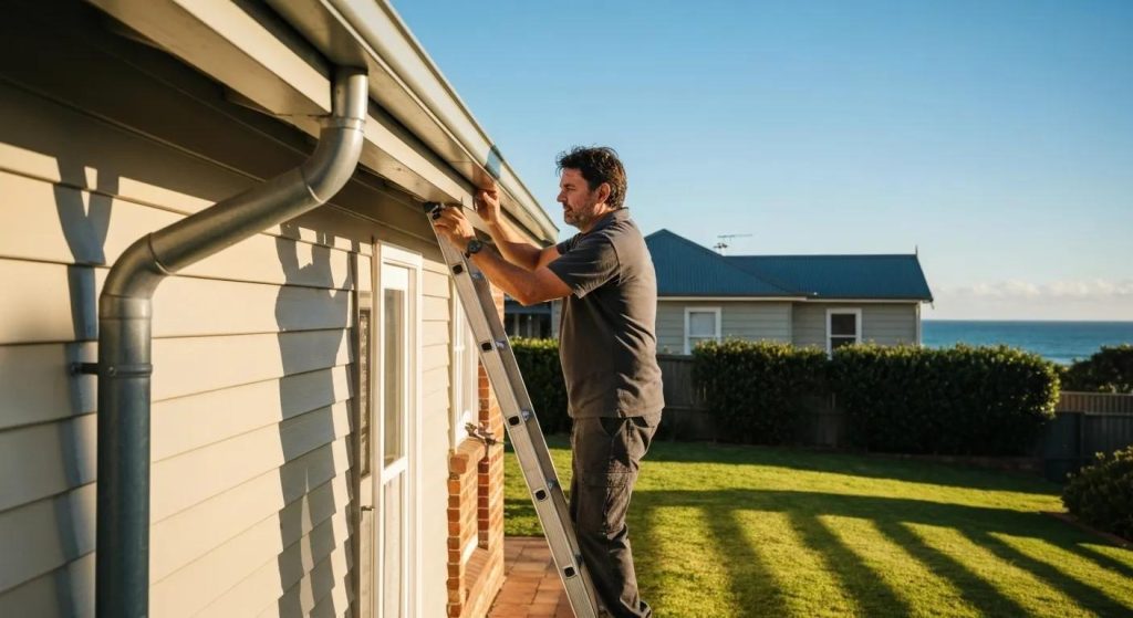 Professional gutter cleaner on a ladder in Manly, highlighting the importance of gutter maintenance in coastal environments