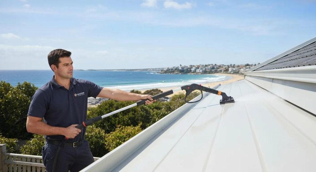 Expert technician performing gutter cleaning in Bondi using advanced equipment