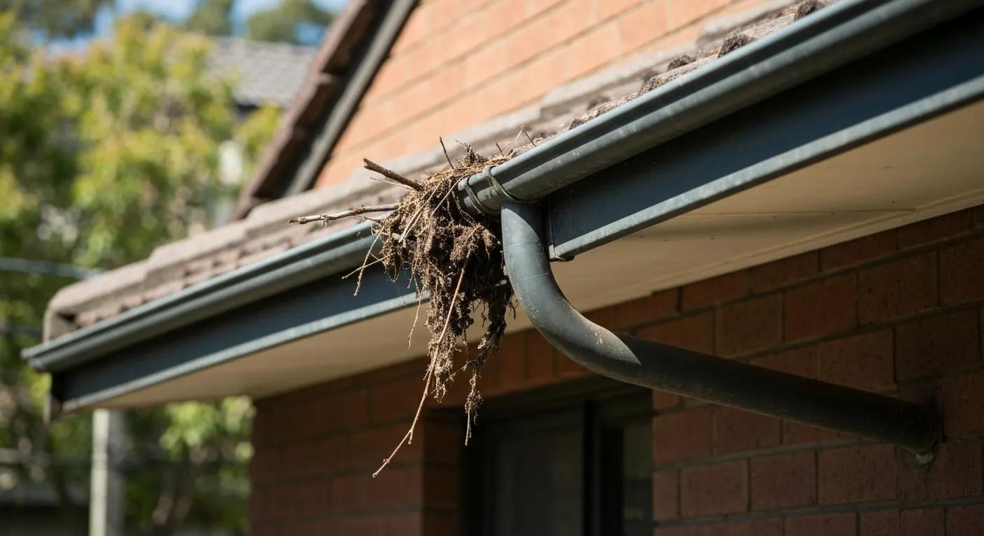 Clogged gutter attracting pests like mosquitoes and rodents in a Chatswood home