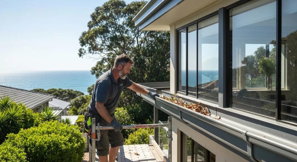 Professional gutter cleaner working on a coastal home in Manly, highlighting the importance of gutter maintenance