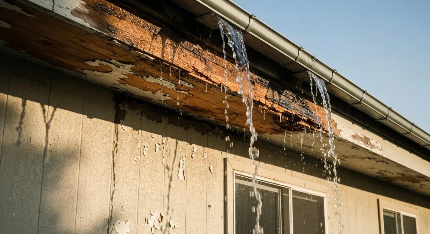Gutters overflowing and causing water damage to a home's fascia and walls