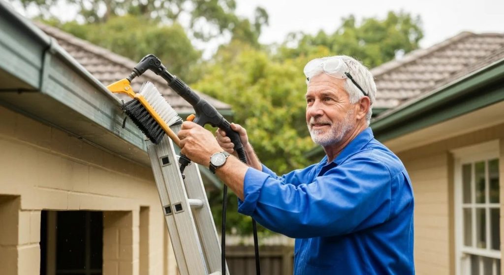 Expert gutter cleaning service in Sydney with a technician and all the necessary tools