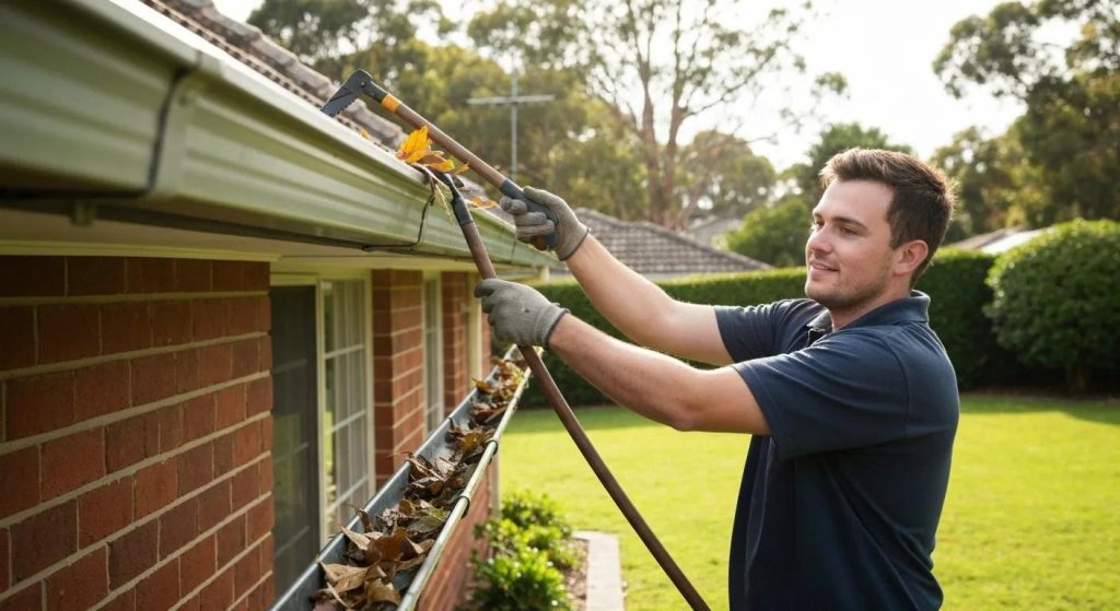 Professional gutter cleaner removing debris from a residential gutter in Manly, showcasing the importance of gutter maintenance