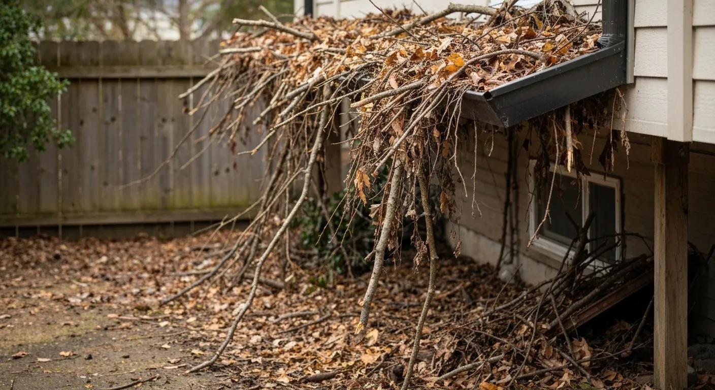 Clogged gutters overflowing with debris, highlighting fire hazards and pest risks