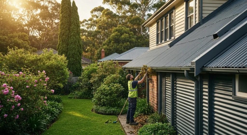 Professional gutter cleaning service in Chatswood with technician and lush greenery