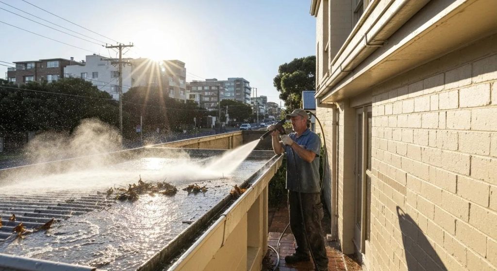 Professional gutter cleaning in Bondi using pressure washing, showing a cleaner at work