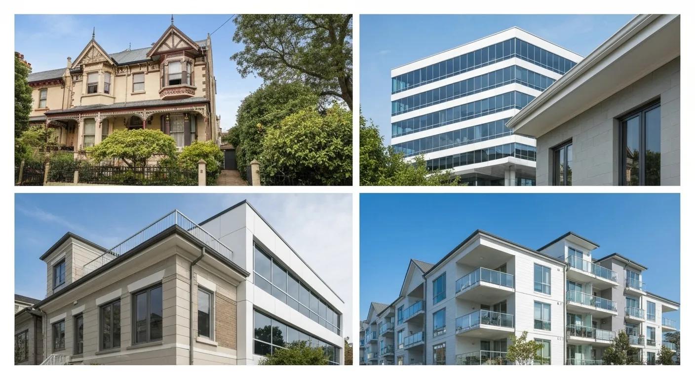 Collage of residential, commercial, and strata properties with clean gutters, representing diverse gutter cleaning services
