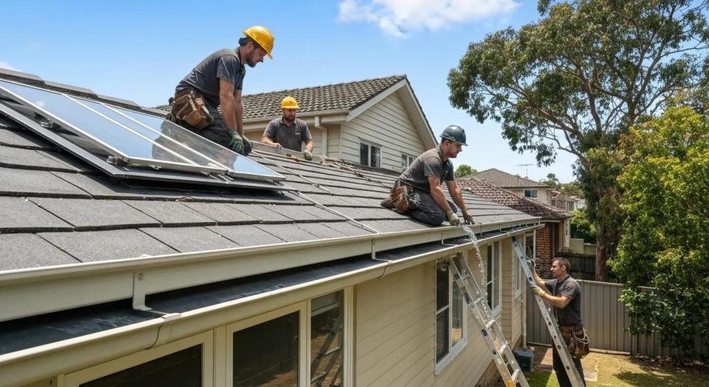 Professional team installing new gutters on a Chatswood home, highlighting the importance of gutter replacement