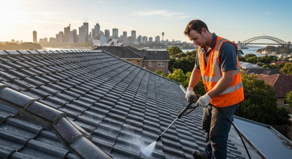Expert roof cleaner working on a tiled roof in Sydney
