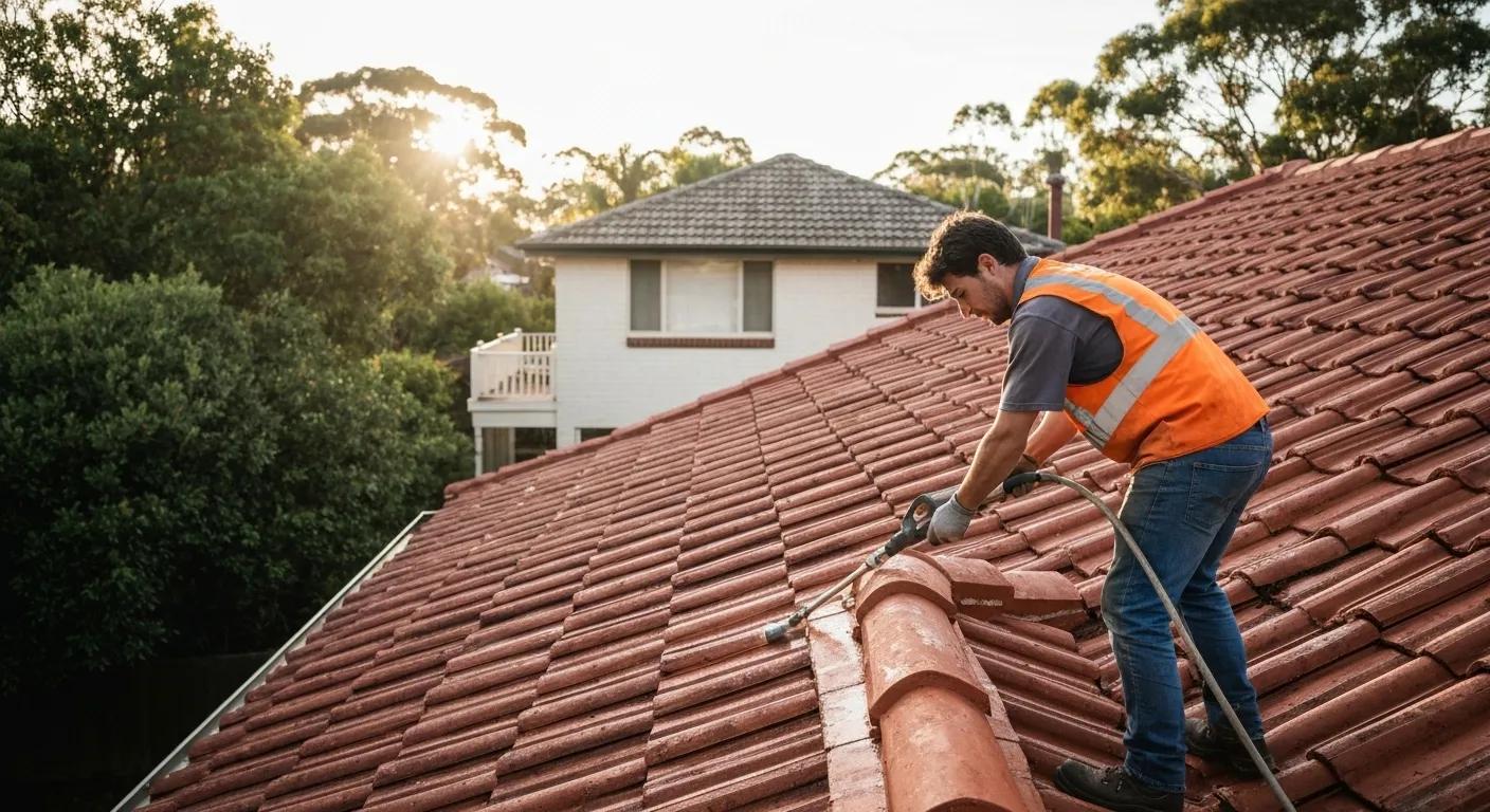 Technician performing soft washing on a terracotta roof in Sydney