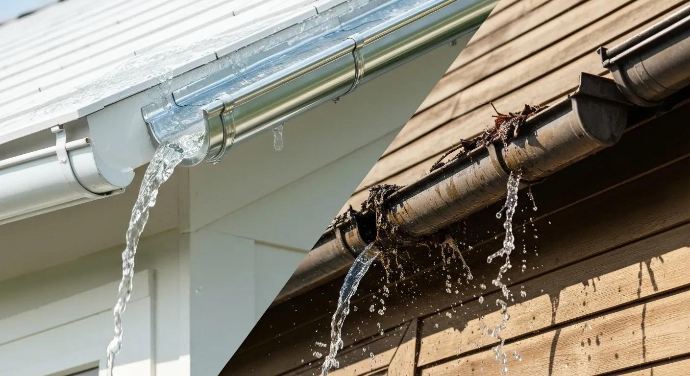 Comparison of clean and clogged gutters showing water damage risks
