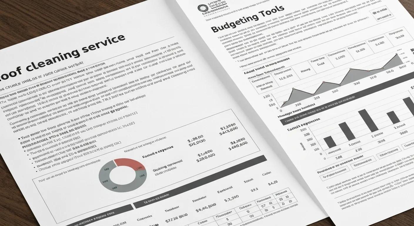 Close-up of a roof cleaning service quote document with budgeting tools