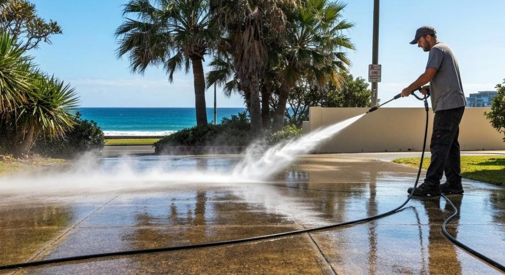 Professional pressure cleaning service revitalizing a Bondi driveway with high-pressure water jets