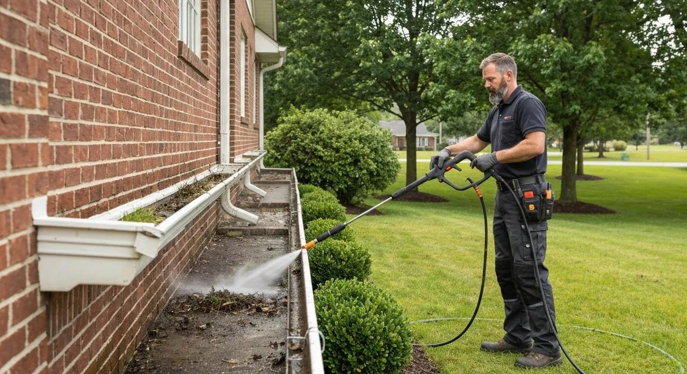 Technician performing step-by-step gutter cleaning process with advanced equipment
