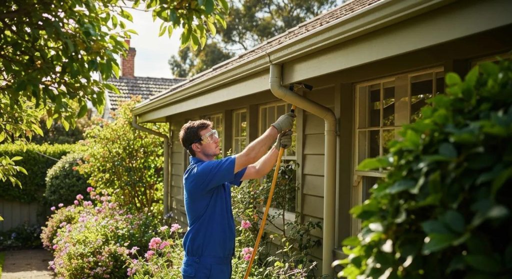 Professional gutter cleaning service in Chatswood with technician and lush greenery