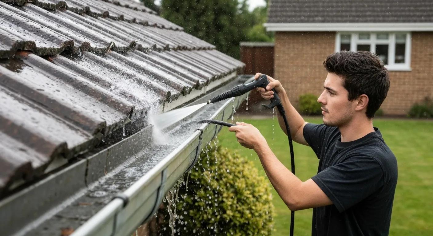 Technician using high-pressure nozzle for professional gutter cleaning, demonstrating effective debris removal
