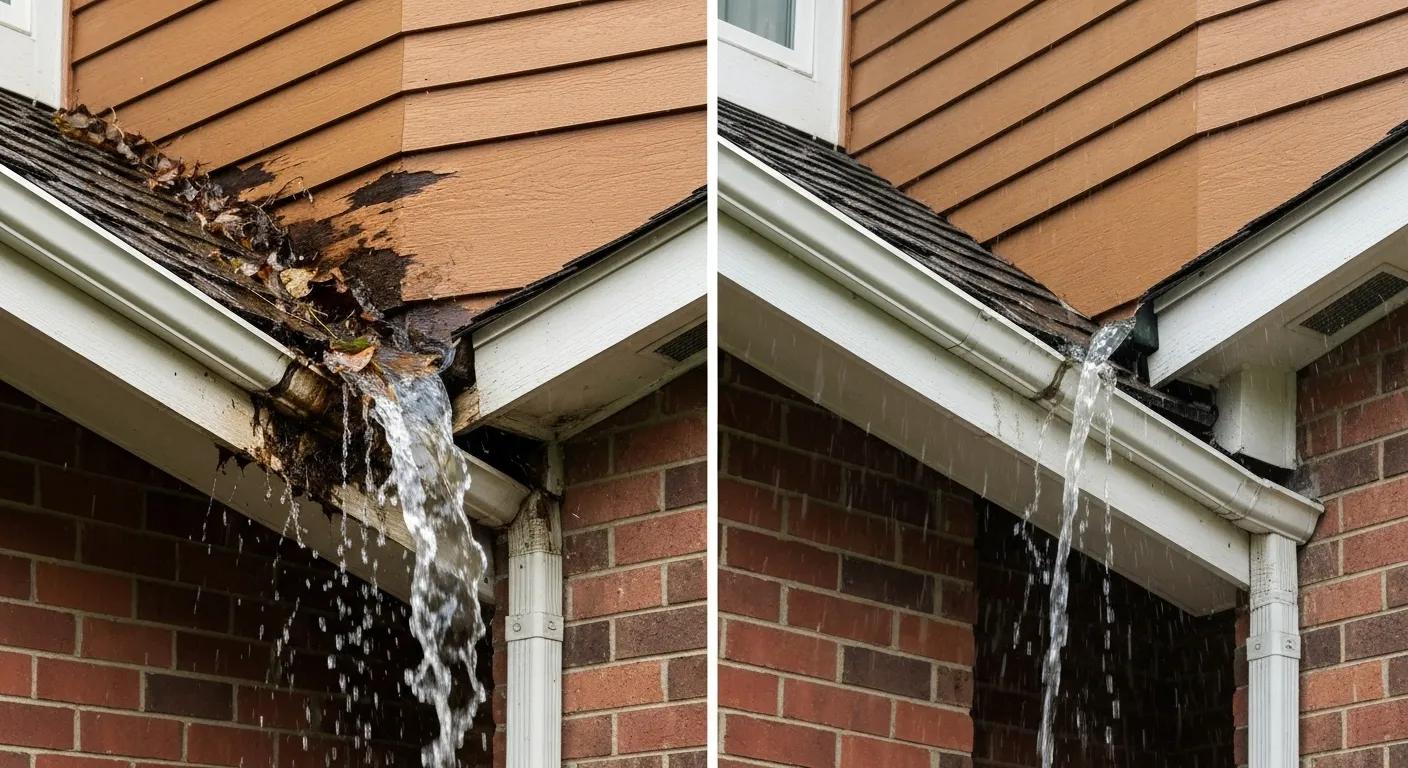 Side-by-side comparison of clogged and clean gutters, illustrating how cleaning prevents water damage and structural problems