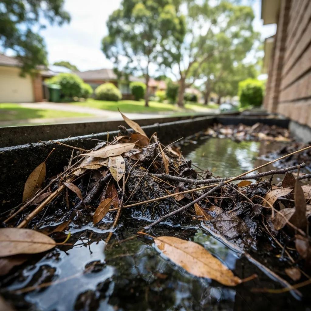 Clogged gutter attracting pests like mosquitoes and rodents in a Chatswood home