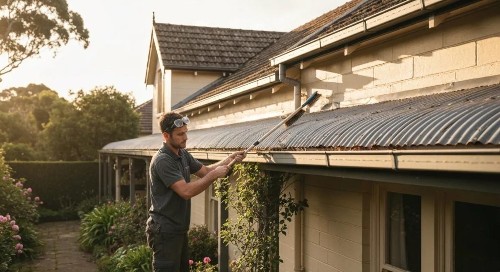 Expert technician meticulously cleaning gutters on a Sydney home