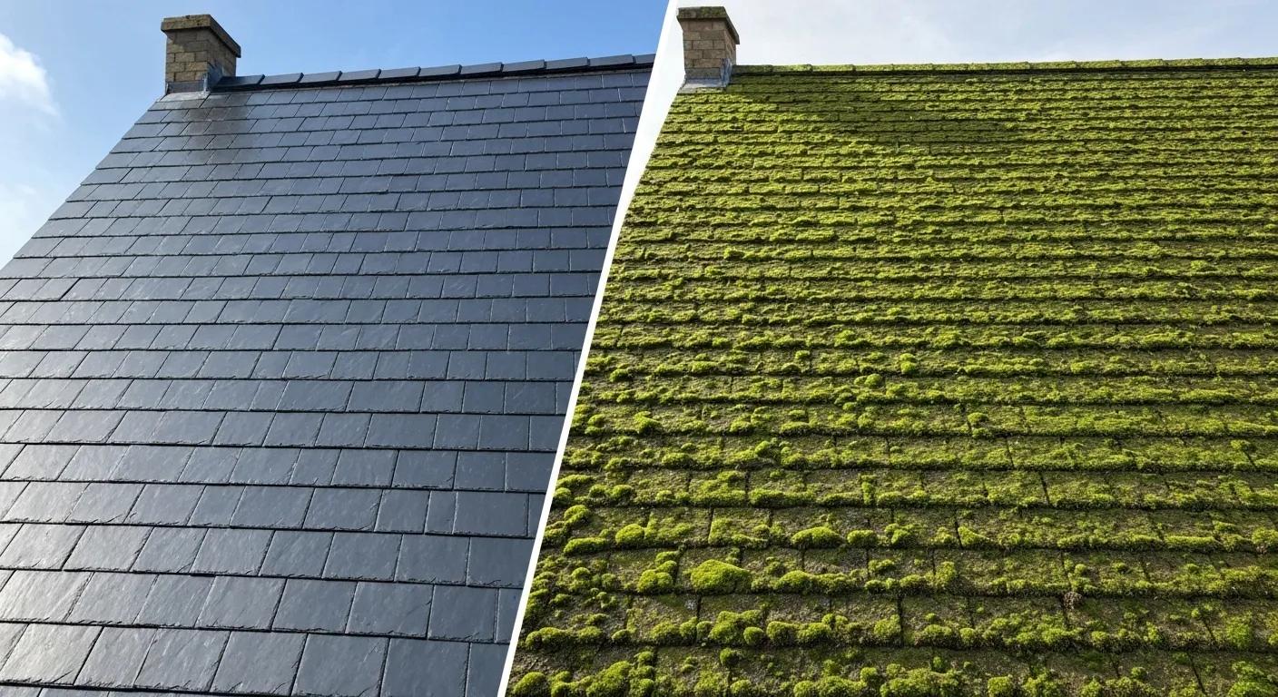 Side-by-side comparison of a clean roof and a roof covered in moss, highlighting the benefits of cleaning