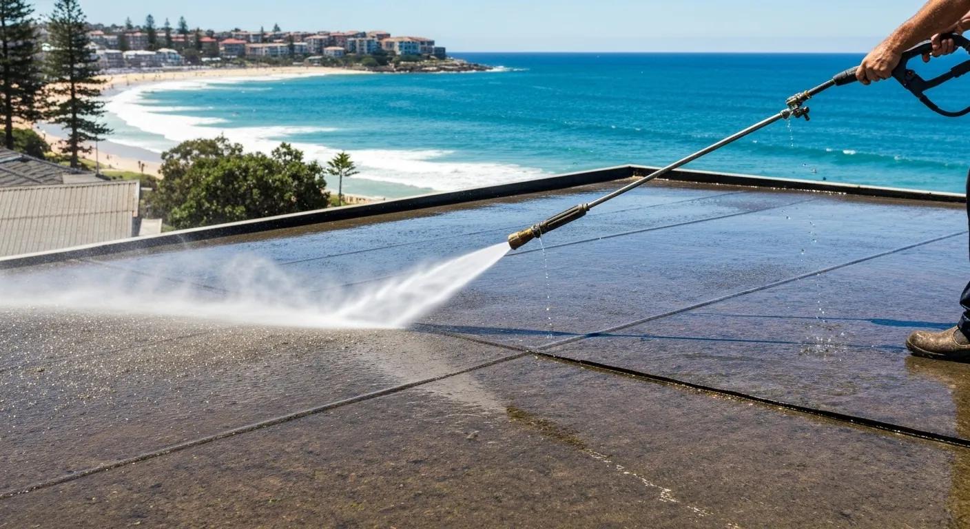 Close-up of pressure cleaning a roof in Bondi, showing effective cleaning techniques