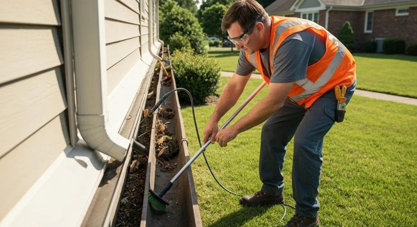 Technician inspecting gutters with safety equipment, illustrating the comprehensive gutter cleaning process
