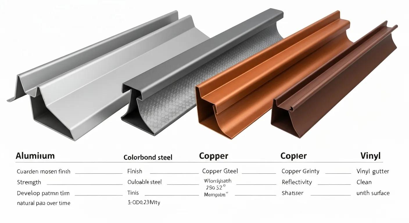 Comparison of gutter materials: aluminum, Colorbond steel, copper, and vinyl, showcasing their unique characteristics