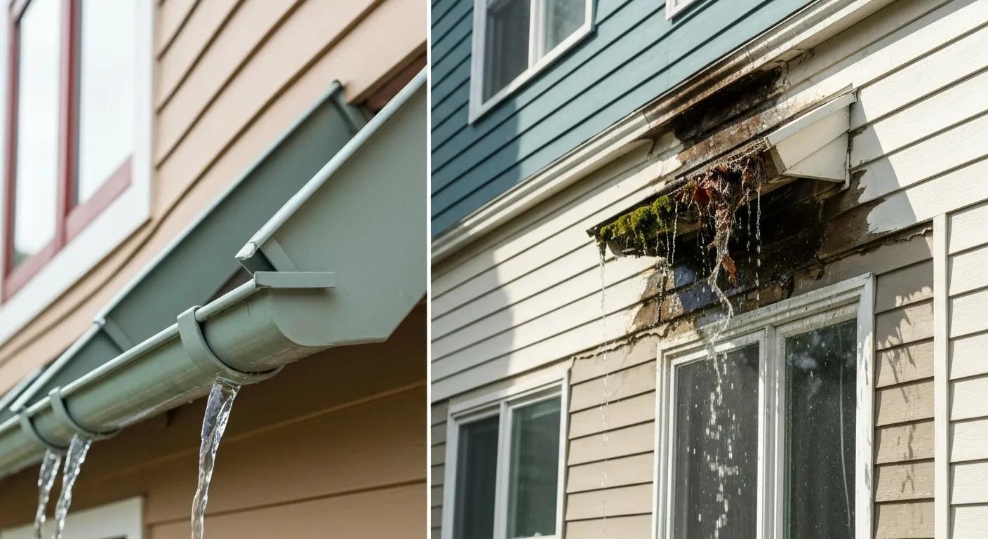 Comparison of clean and clogged gutters showing water damage risks