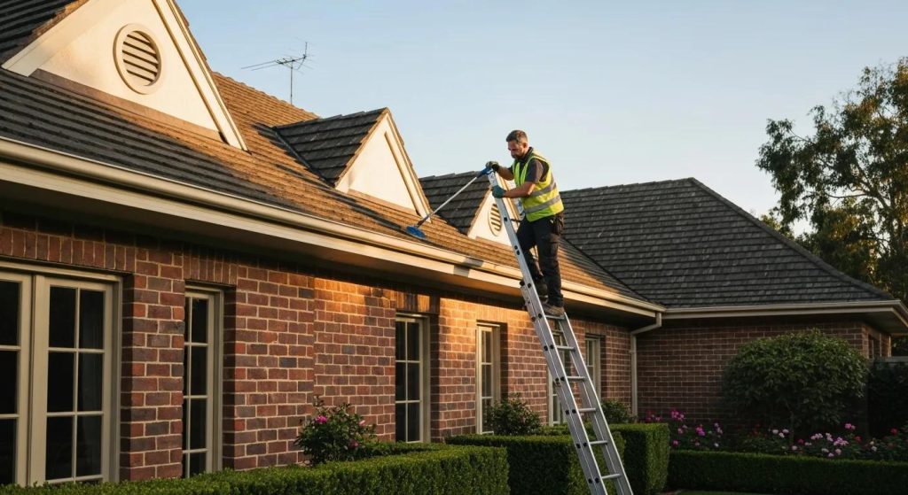 Professional gutter cleaning service in Sydney with technician using a ladder