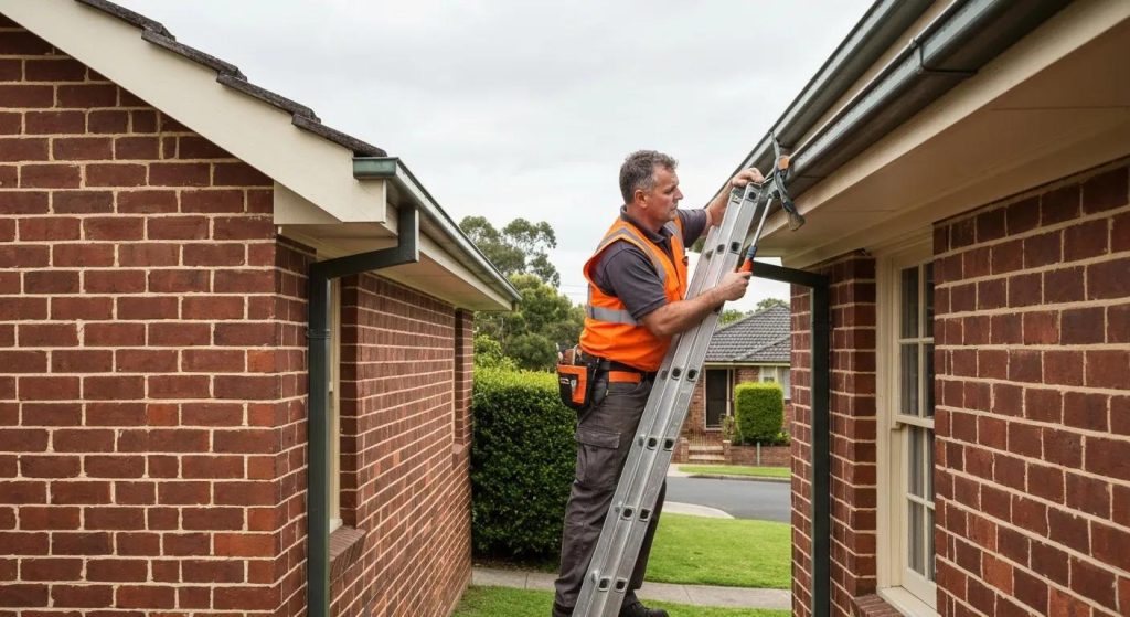 Professional gutter cleaning service in Sydney with technician on ladder