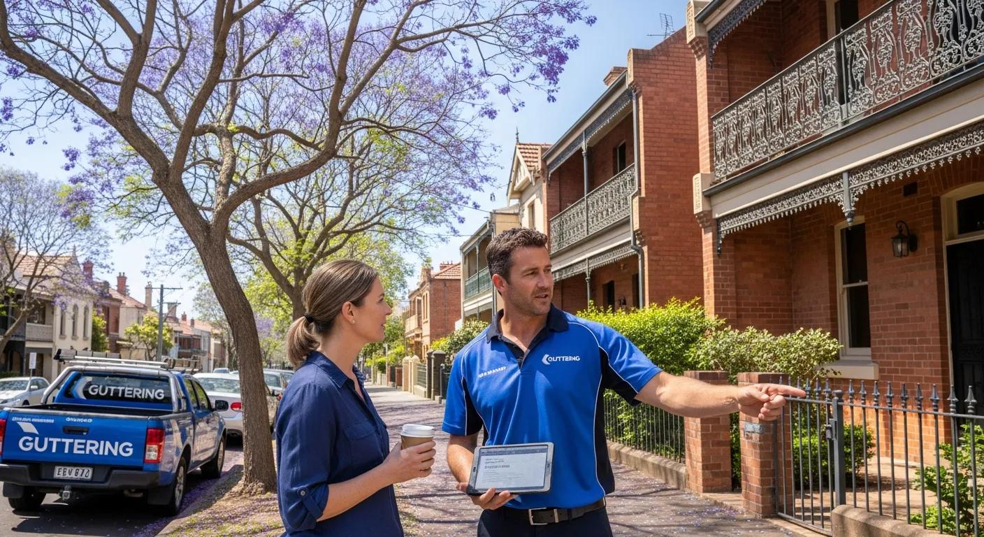 Gutter technician giving a quote to a homeowner in a Sydney street