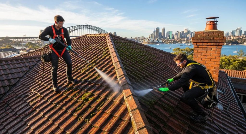 Sydney roof cleaners removing moss and grime from a residential roof