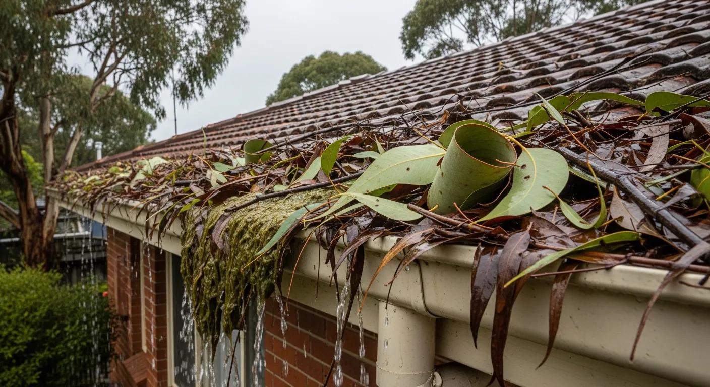 Blocked gutter with leaves and twigs — common causes in Sydney